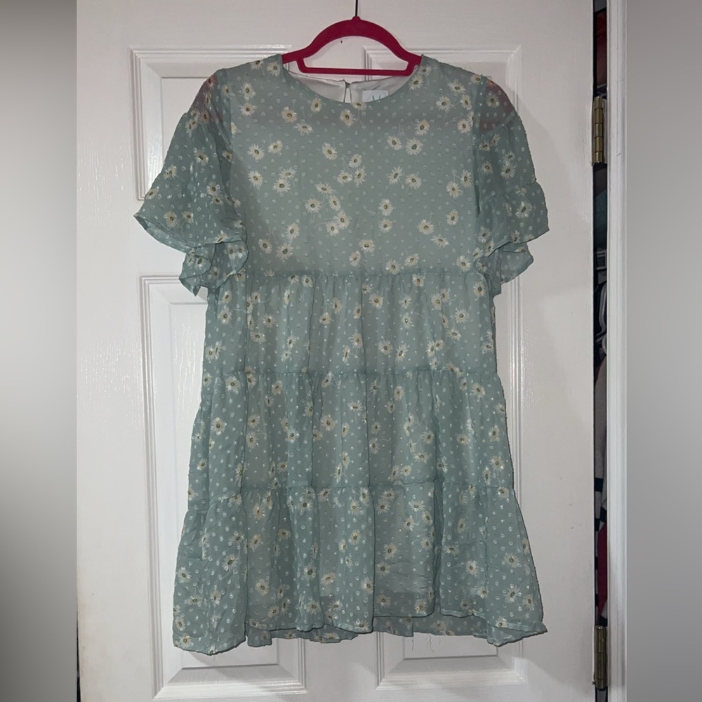Light Blue Floral Tiered Ruffle Dress